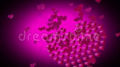 许多粉红色的小心脏在黑色闪亮的<strong>背景</strong>上展开并收缩，形成一颗大心脏，用于广播<strong>节目</strong>
